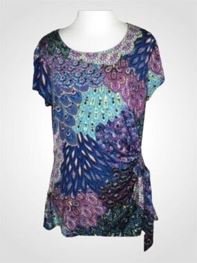 S Levine Blue Multicolor Peacock Short Sleeve Faux Wrap Casual Top M
